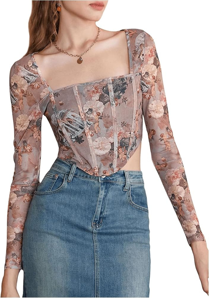 SweatyRocks Women's Corset Crop Top Mesh Long Sleeve Floral Square Neck Bustier Tops | Amazon (US)