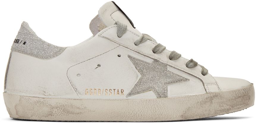 Golden GooseSSENSE Exclusive White & Silver Glitter Superstar Sneakers$515 USD | SSENSE 