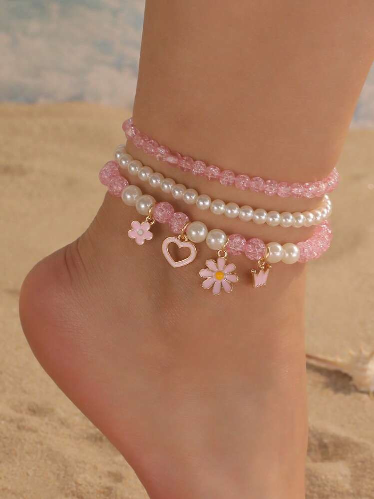 3pcs/Set Daisy Flower, Heart And Butterfly Anklets For Girls | SHEIN