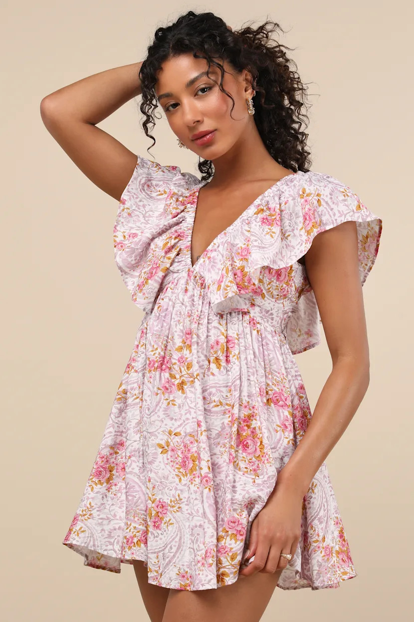 Kory Lilac Multi Print Flutter Sleeve Mini Dress | Lulus