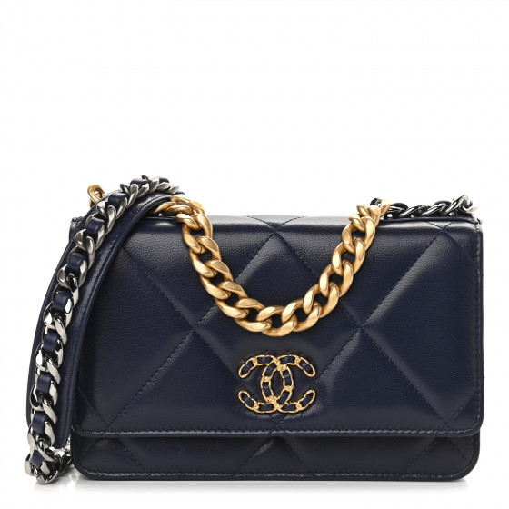 CHANEL Shiny Goatskin Quilted Chanel 19 Wallet On Chain WOC Dark Blue | FASHIONPHILE (US)