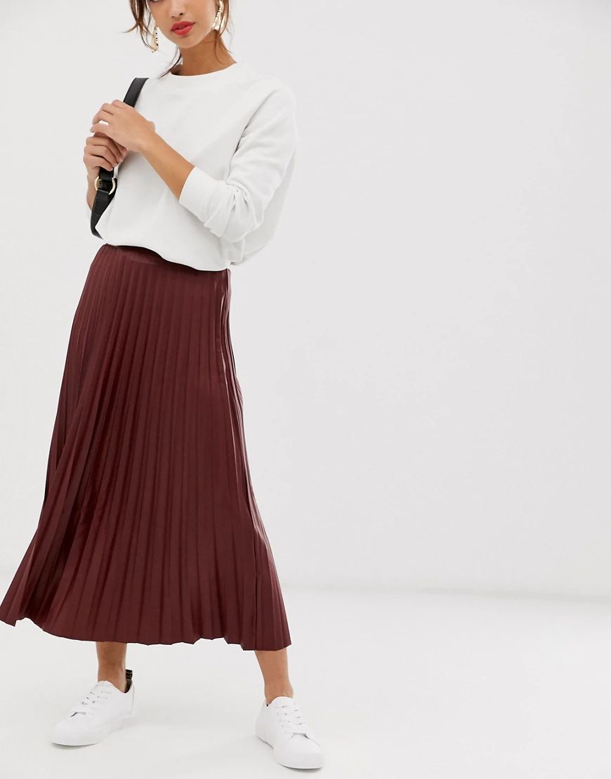 ASOS DESIGN leather look pleated midi skirt-Red | ASOS (Global)