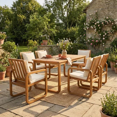 7-Piece Acacia Wood Patio Dining Set, Dining Table & Chairs, Outdoor Furniture Set with Removable Cushions for Patio Backyard Garden, Beige | Wayfair North America