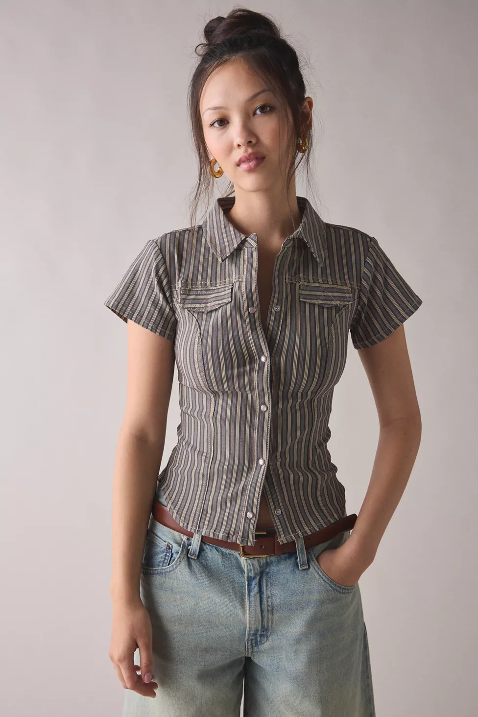 Silence + Noise Polly Slim Short Sleeve Snap-Button Shirt | Urban Outfitters (US and RoW)