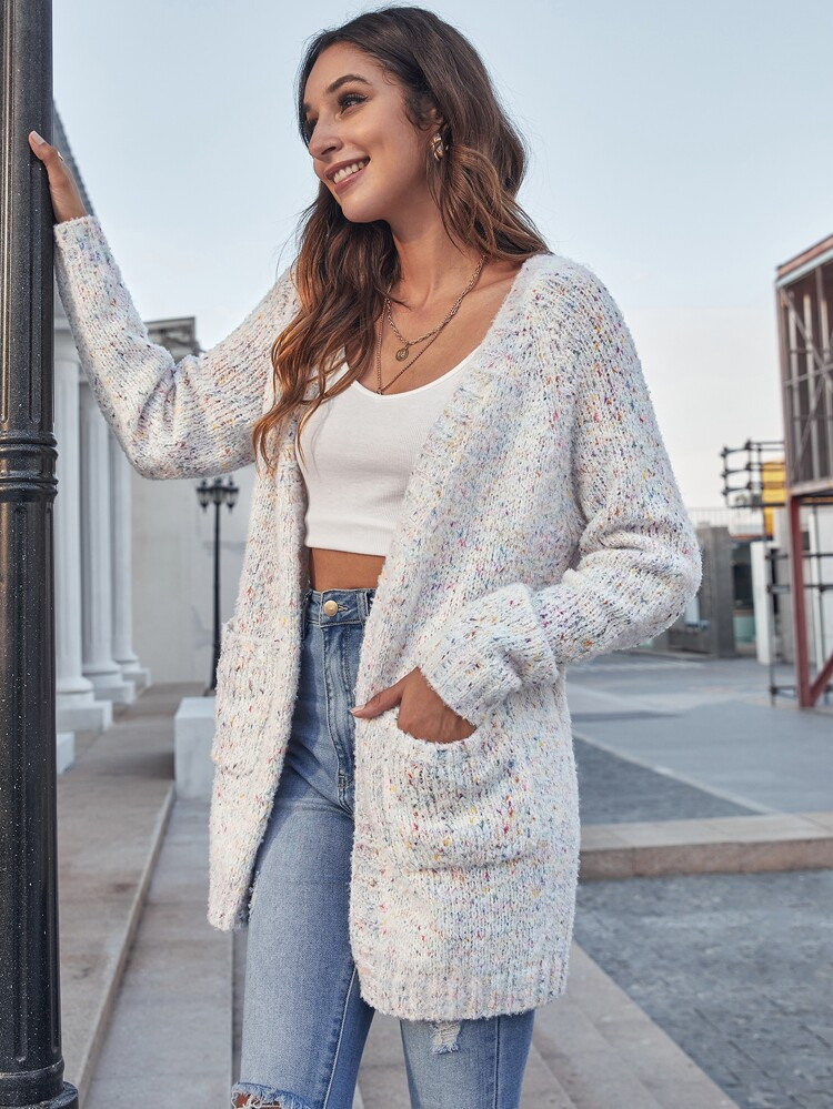 Raglan Sleeve Double Pocket Flecked Cardigan | SHEIN