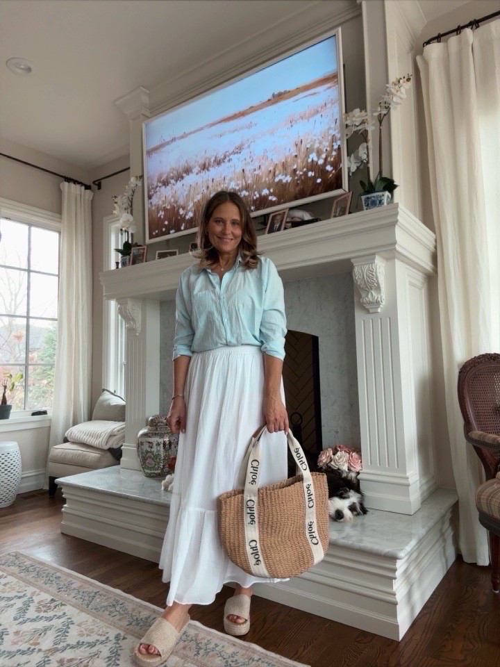 A white maxi skirt pairs well with anything! Loving this light blue button down for a spring look! Use code TANDT10 for 10% off your purchase!

#LTKSeasonal #LTKStyleTip #LTKOver40