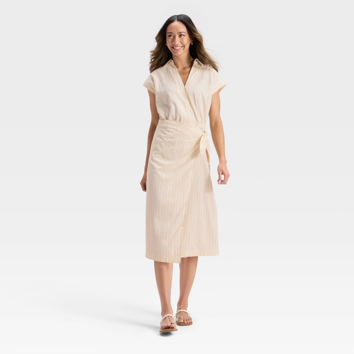 Women's Short Sleeve Wrap Waist Midi Shirtdress - Universal Thread™ Cream Striped M | Target