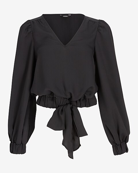 V-neck Balloon Sleeve Tie Waist Top | Express