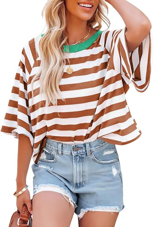 Dokotoo Tops for Women Striped 2026 Fashion T Shirts for Women Color Block Crewneck Design Loose ... | Amazon (US)