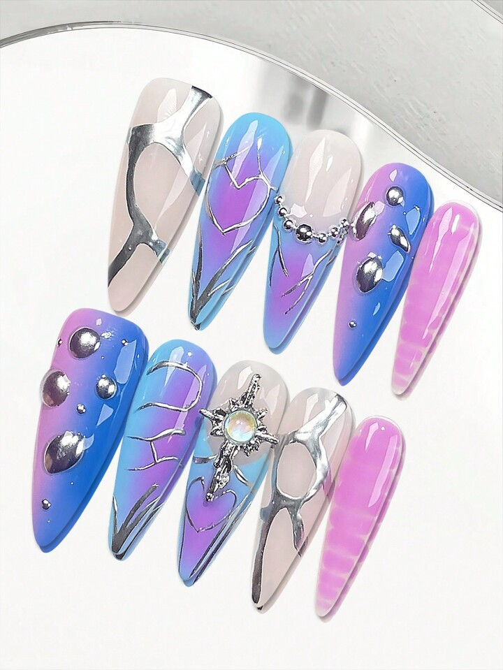 10PCS Two Color Gradient Fake Nails With Silver Beads Ultra-Flexible Long Lasting Fake Nails For ... | SHEIN