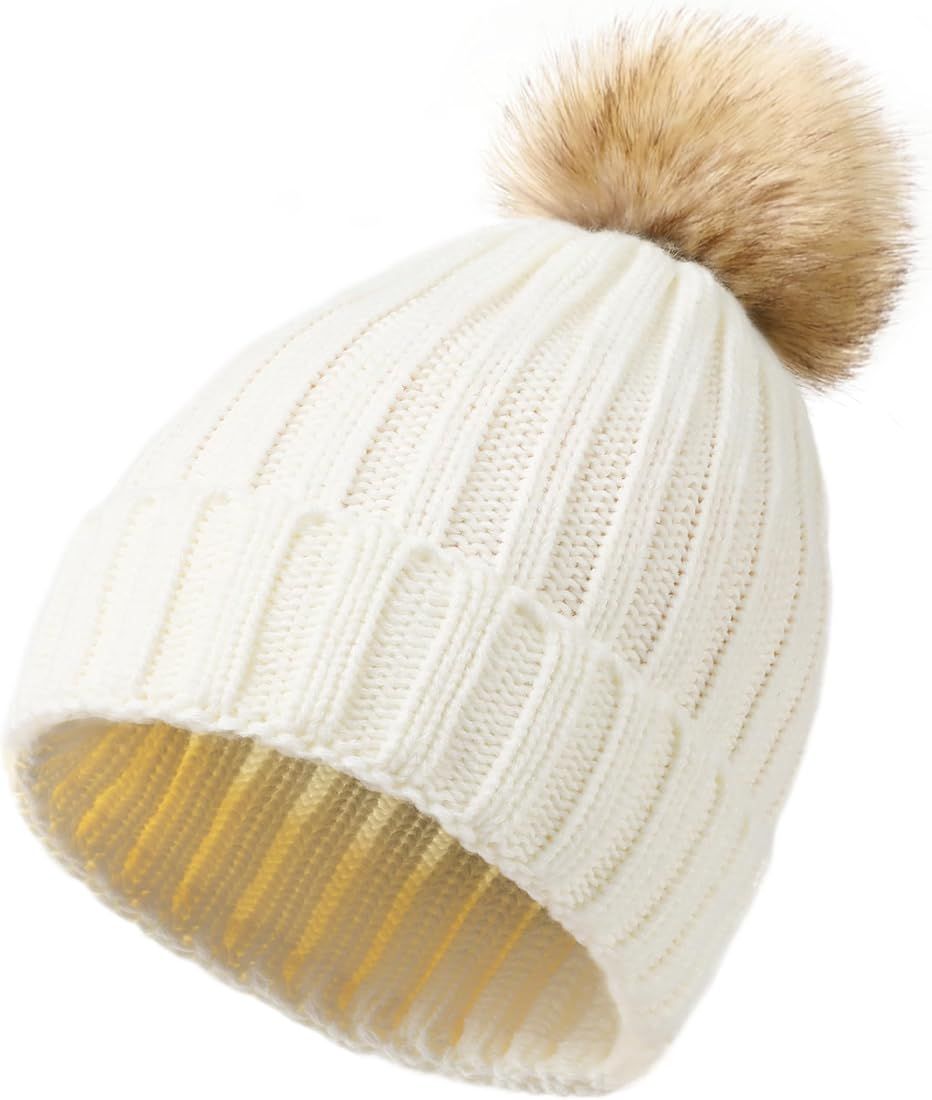 DOFOWORK Beanies Women - Winter Hats for Women with Faux Fur Pom Warm Knit Skull Cap, Womens Bean... | Amazon (US)