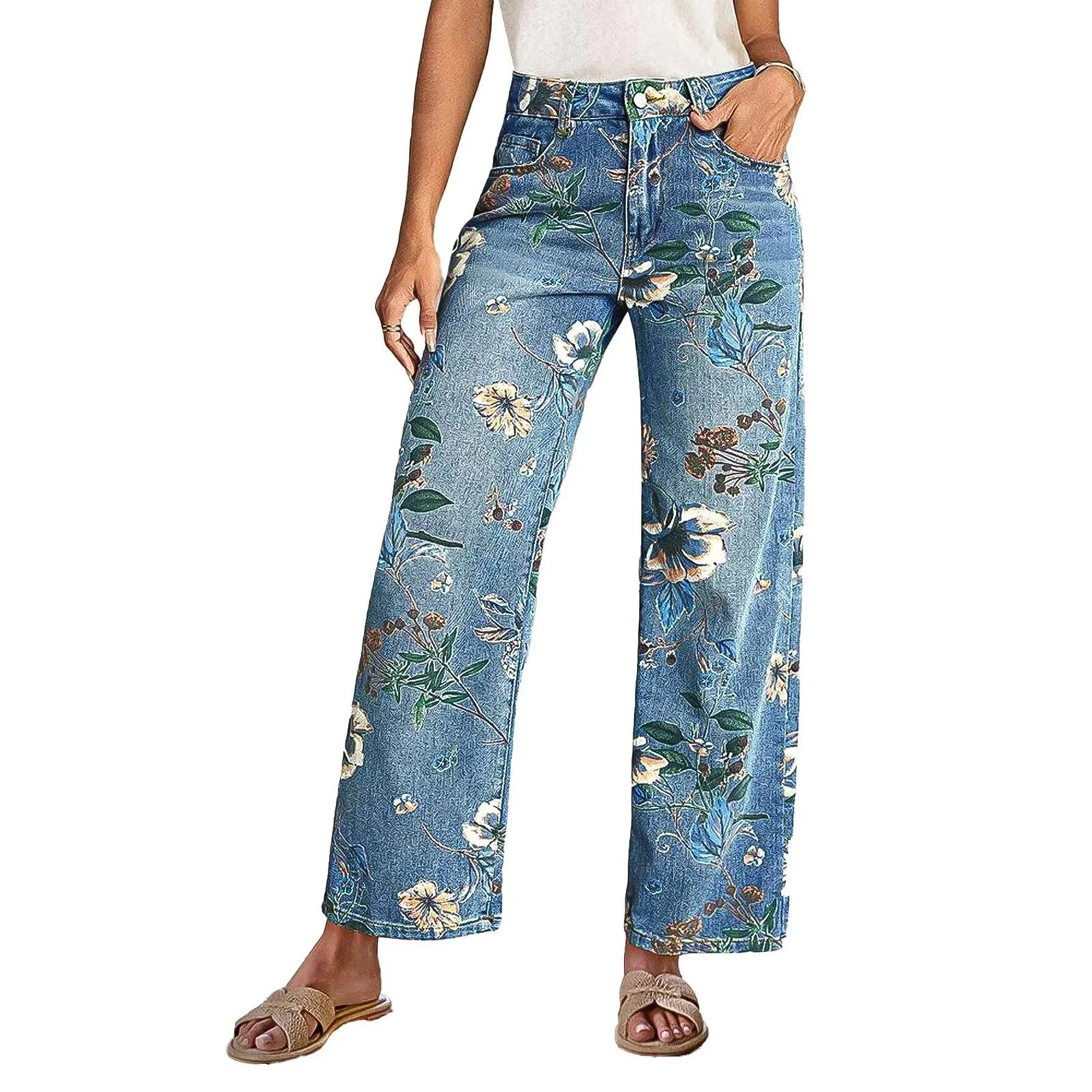 Women's High Waist Floral Print Jeans, Loose Fit Straight Leg Denim Pants, Stretchy Summer Casual... | Walmart (US)