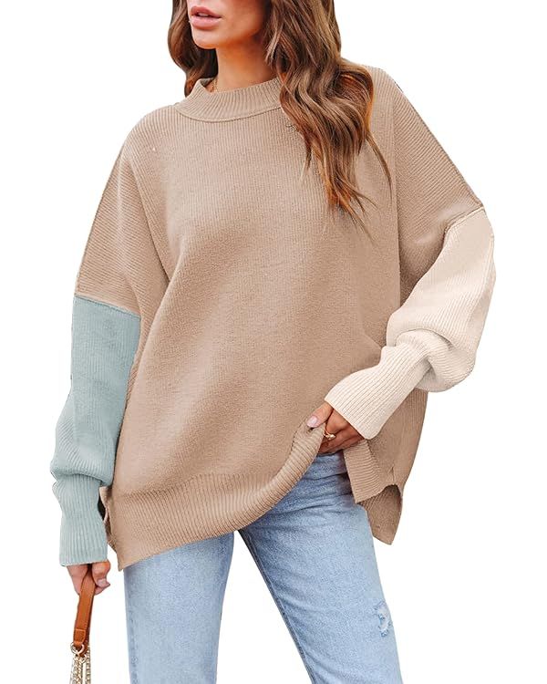 HAPCOPE Women's 2023 Fall Casual Oversized Sweater Crewneck Batwing Sleeve Side Slit Ribbed Knit ... | Amazon (US)