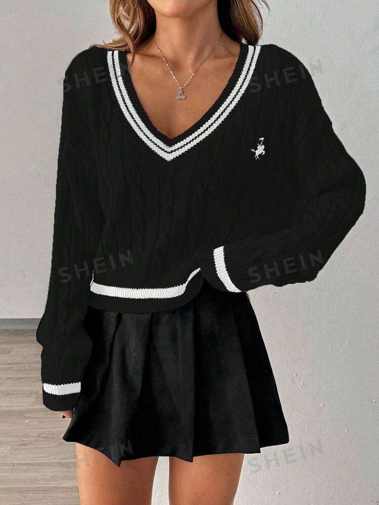 SHEIN Relaxiva Casual Color Block Stripe Embroidery Knit Sweater, Autumn/Winter | SHEIN