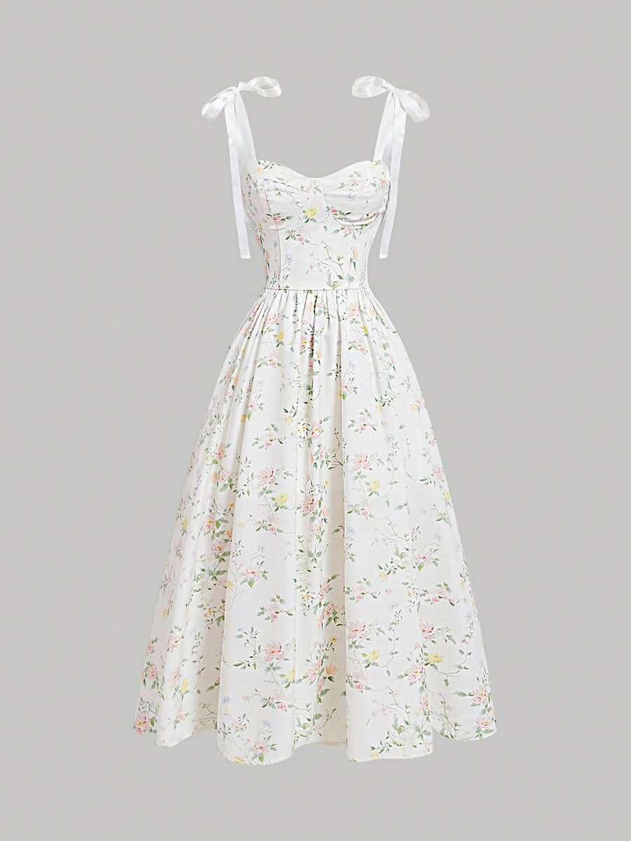 SHEIN MOD Romantic Floral Printed Shoulder Strap Tie Women's Summer Dress | SHEIN
