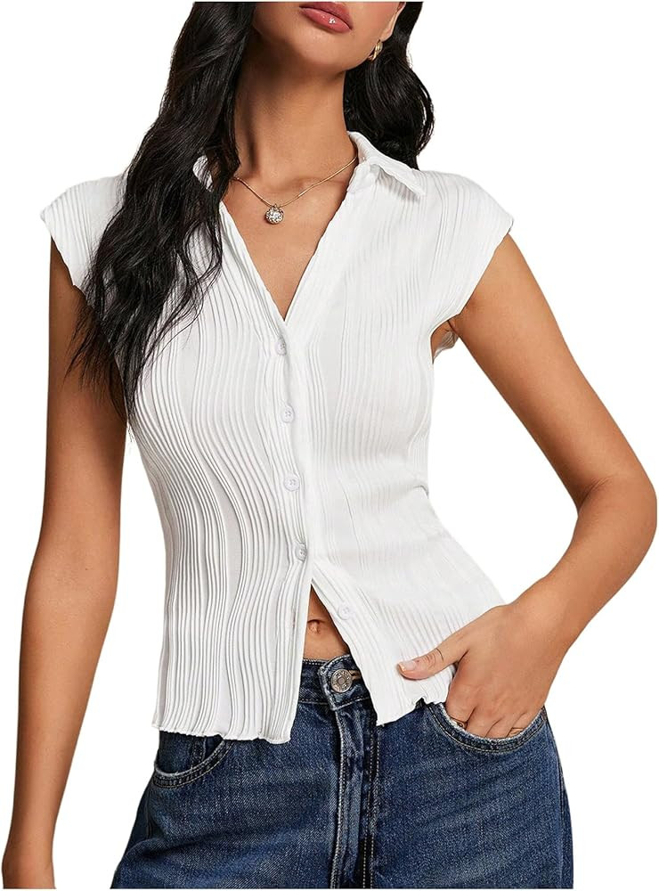 Women's Button Down Shirt Short Sleeve Textured Crop Collared Slim Fit Dressy Cardigan Sweater To... | Amazon (US)