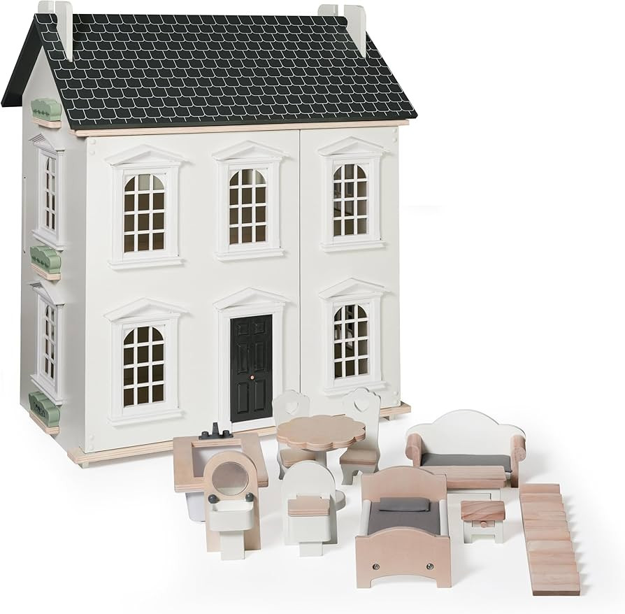 Hooga Wooden Dollhouse with Furniture Set Included, Multi-Level 3-Storey Pretend Doll's house Pla... | Amazon (UK)