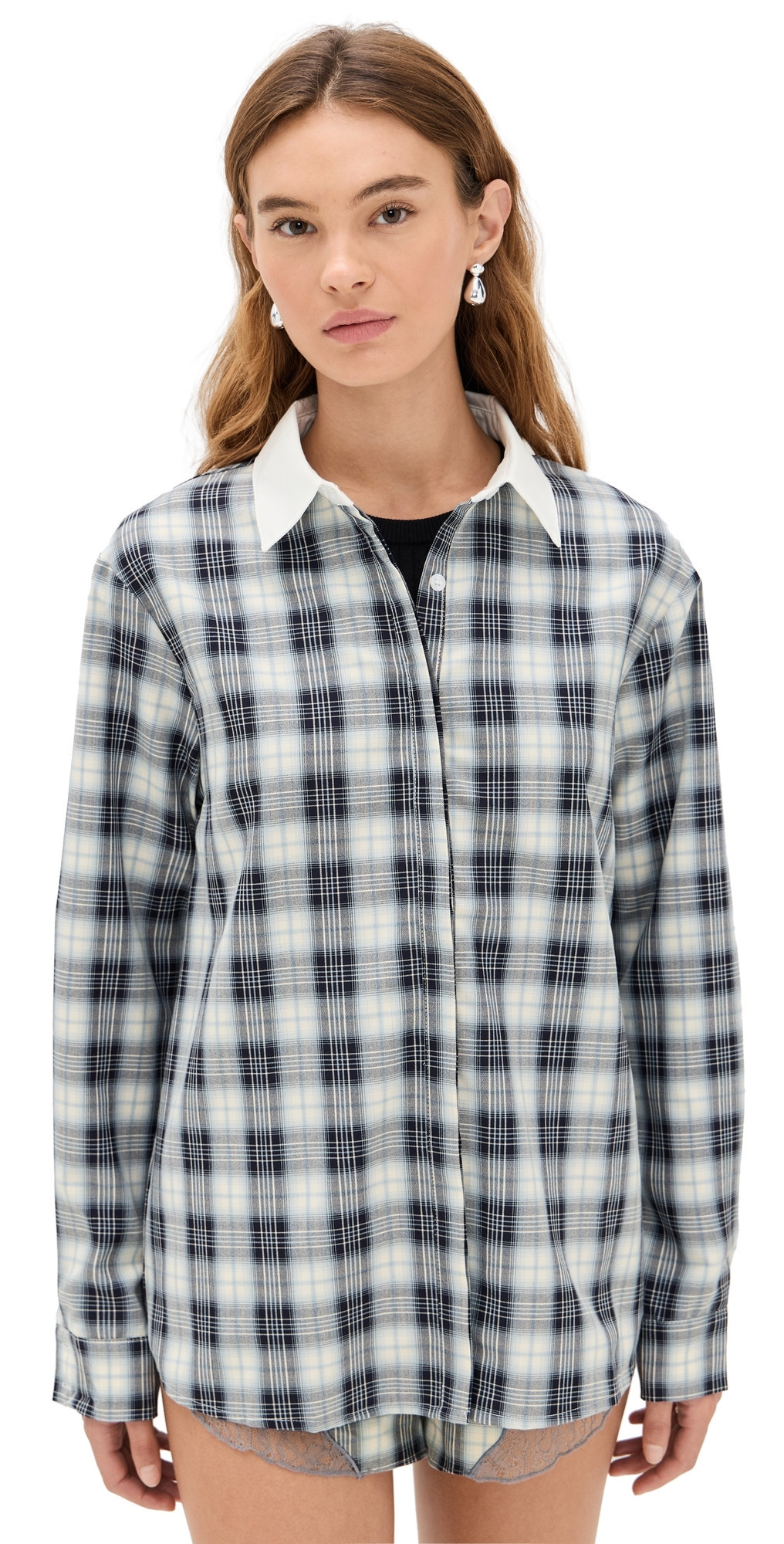 Lioness Vacanza Flannel Shirt Navy Plaid S | Shopbop