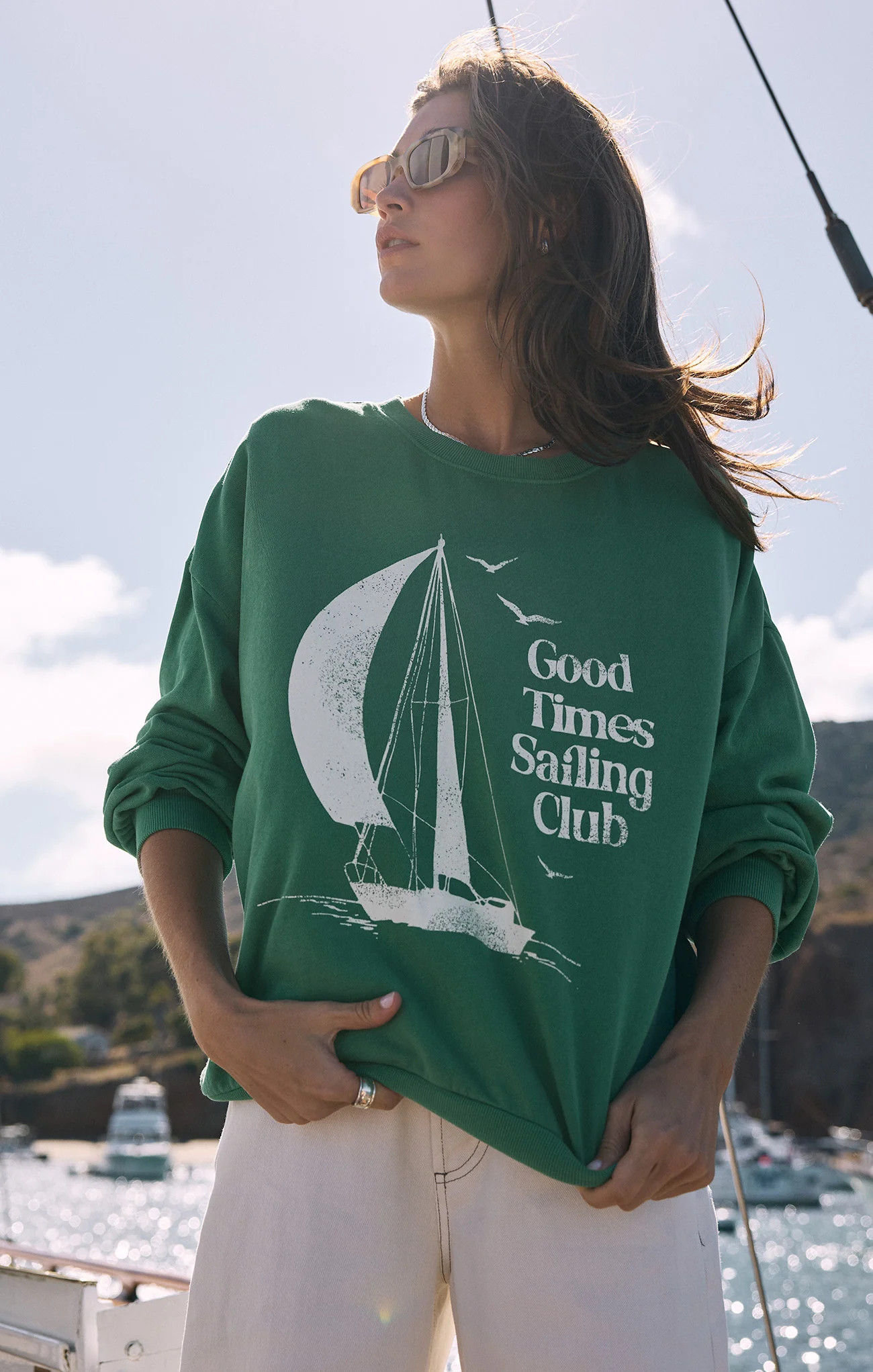 Z SUPPLY Graphics Women's Sail Away Sunday Sweatshirt, Botanical Green, Medium, 100% Cotton | Z Supply