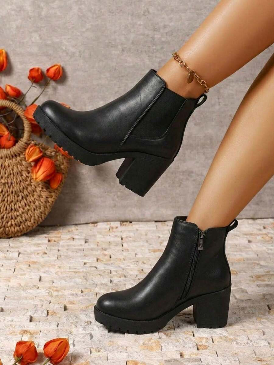 Women's  Chunky Low Heel Chelsea Booties, Platform Ankle Boots With Elastic Panels | SHEIN