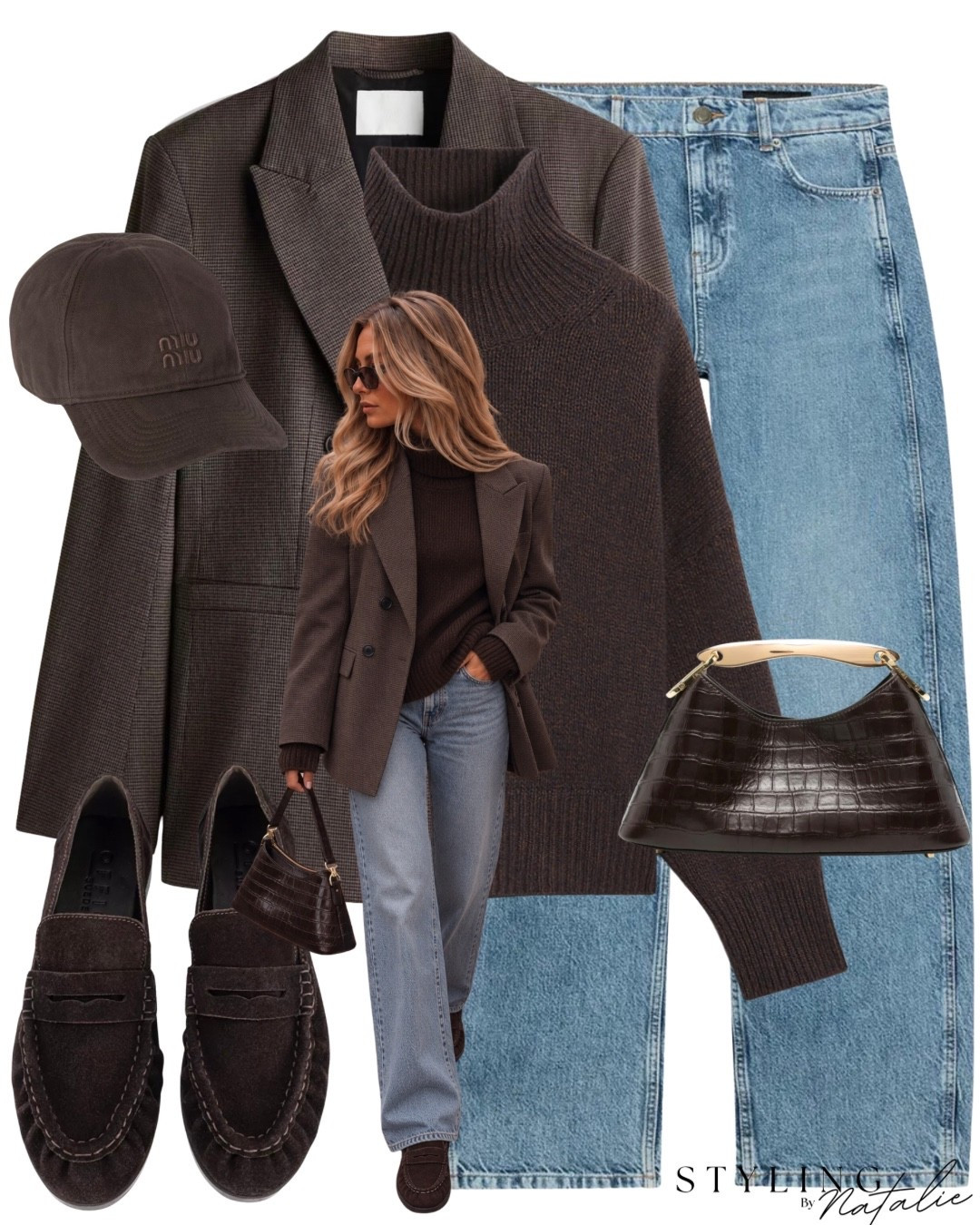 Houndstooth double breasted blazer, jeans, turtleneck knit jumper, suede loafers, croc mini bag, Miu Miu cap. Brown outfit, autumn outfit, shoulder pads, layered look, fall outfit. @Elleme @Zara Massimo Dutti knitwear