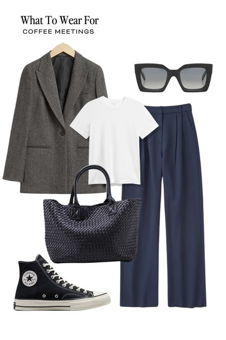 Smart casual ootd 👟 

Navy trousers, white T-shirt, woven bag, grey blazer, converse, navy & grey style, spring fashion, the office, workwear 

#LTKstyletip #LTKworkwear #LTKSeasonal