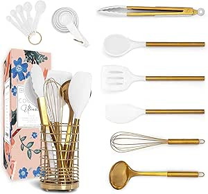 Gold Kitchen Utensils with Holder - 17PC White & Gold Cooking Utensils Set Includes Gold Utensil ... | Amazon (US)