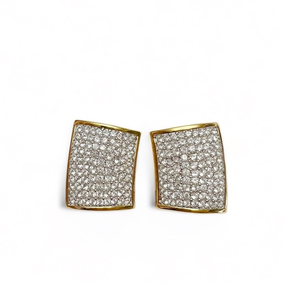 Vtg Swarovski Swan Signed Clear Pave Crystal Goldtone Curved Clip On Earrings | Poshmark