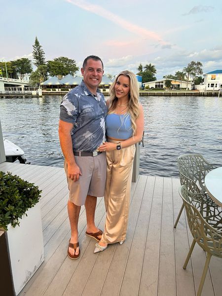 Vacation outfit inspo silk wide leg pants blue sweater tank sparkly statement pointed toe heels comfortable tennis necklace electric picks south Florida travel dinner date night look

#LTKfamily #LTKSpringSale #LTKstyletip