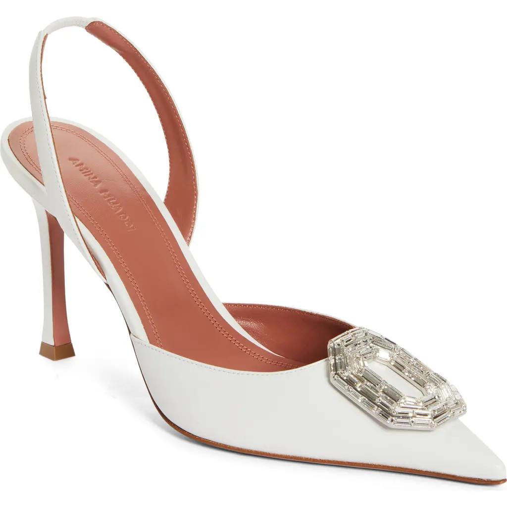 Amina Muaddi Camelia Crystal Buckle Slingback Pump in White at Nordstrom, Size 36 | Nordstrom