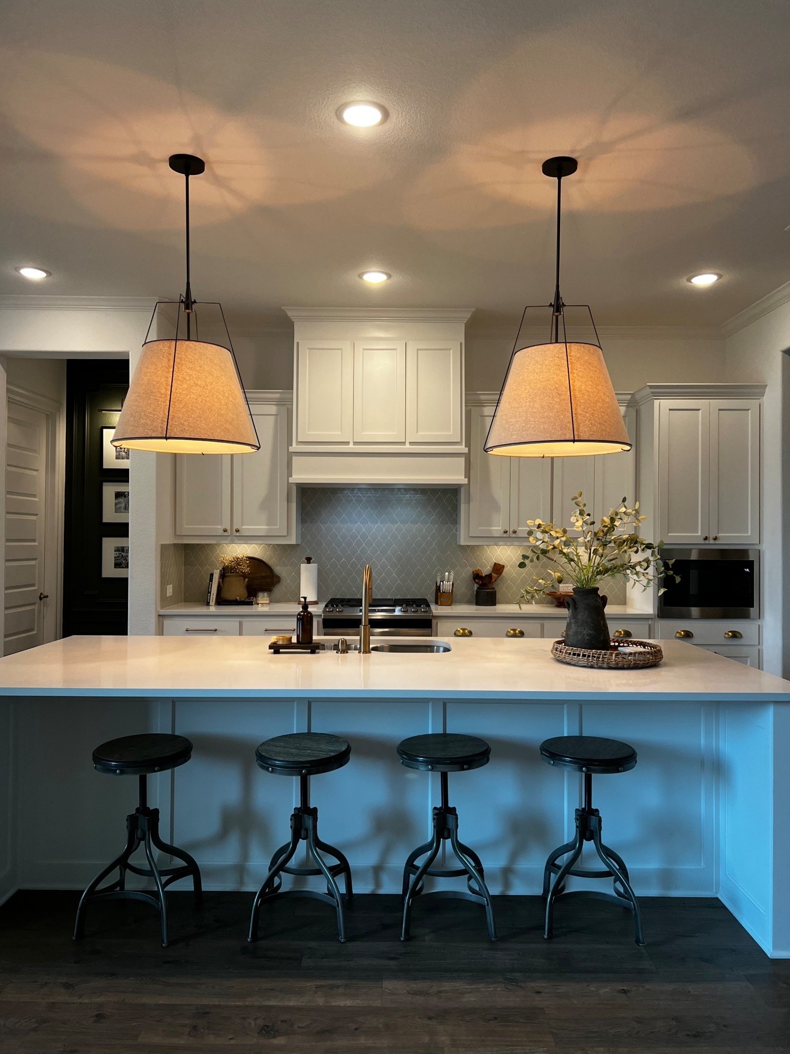 Conical Pendants, clearance, on sale, lighting, kitchen pendant lights, for reference we have the oil rubbed bronze with sand shade, 24” diameter, length 48-5/8” in our 10ft kitchen island 

#LTKHome #LTKSaleAlert