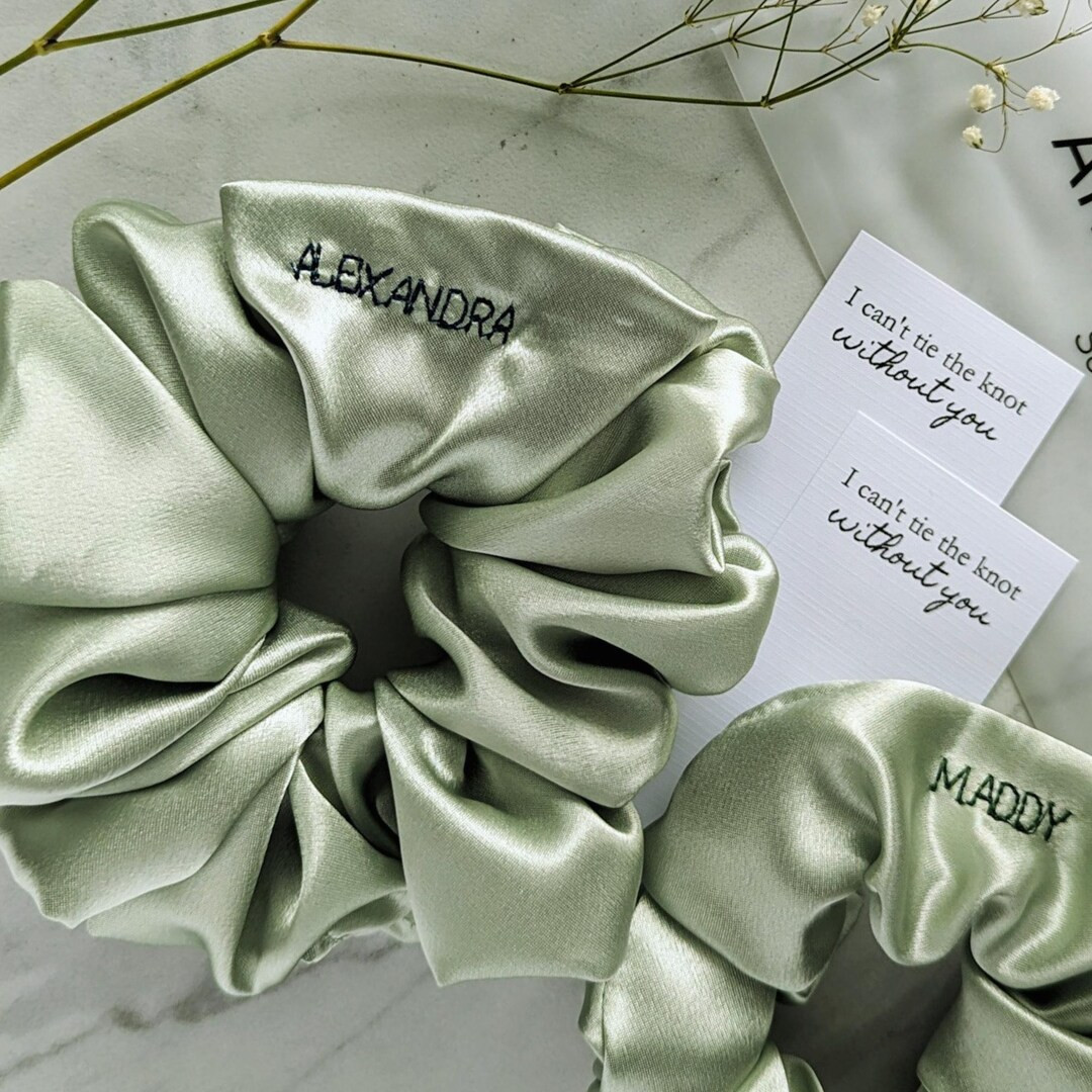 Custom Sage Green Satin Scrunchie Will You Be My Bridesmaid Gifts Bachelorette & Bridal Shower Sc... | Etsy (US)
