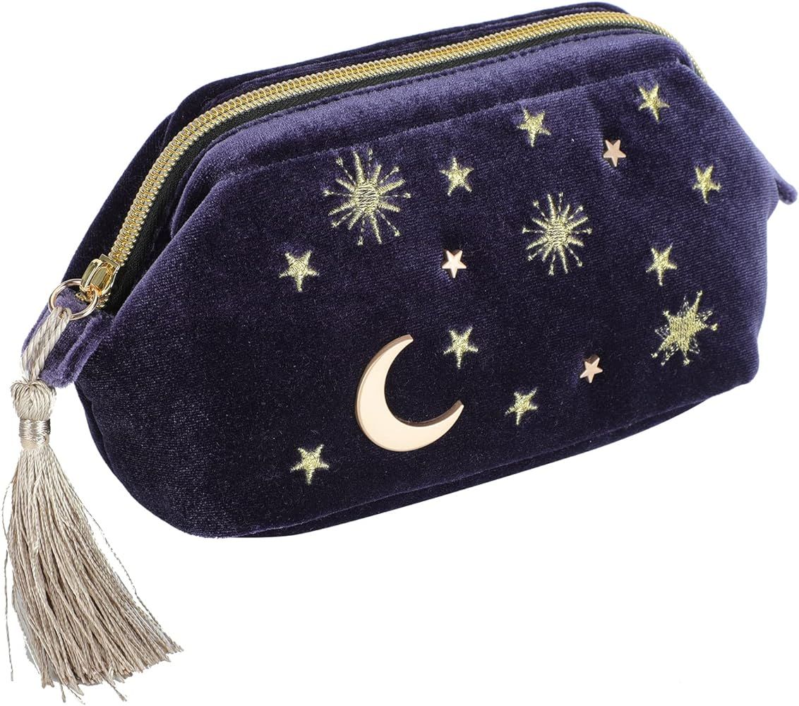 Handy cosmetic makeup bag,Navy Velvet Embroidered Applique Moon Stars Cosmetic Bag,Starry Makeup Pou | Amazon (US)