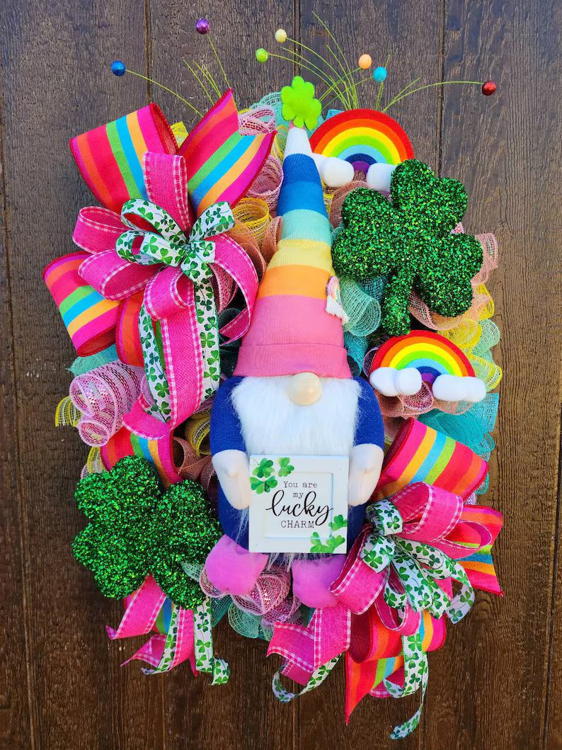 St Patricks Day Irish Gnome Wreath, Rainbow Door Decoration, St Patrick day decorations, Irish Sh... | Etsy (US)