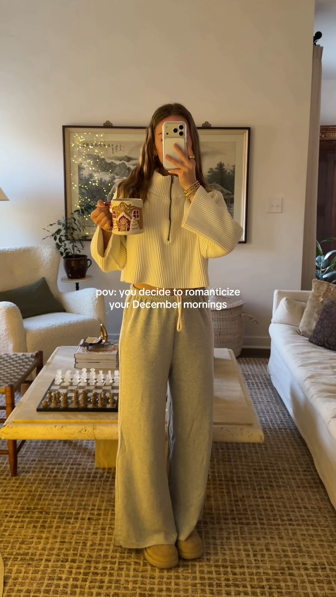 12/5/25 my cozy December morning at home — slowing down, enjoying the little moments like coffee by the tree, and easing into the day. Linking my Aerie grey sweatpants, my Free People sweater, our pour-over coffee maker, and our living room furniture details.

#LTKHoliday #LTKHome #LTKmorningroutine