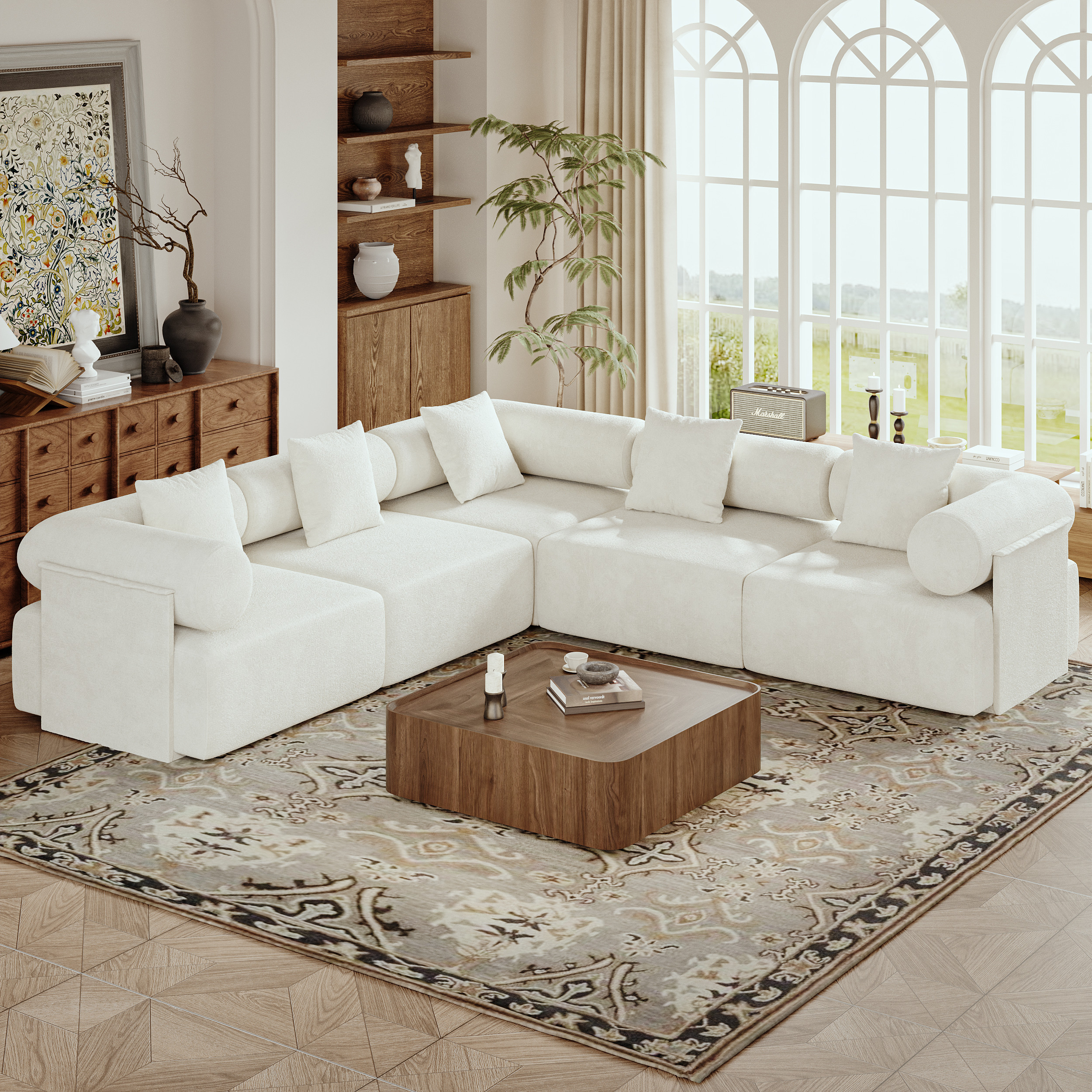 35"" Walnut Square Coffee Table with Storage Mid-Century Modern Block 110"" 5-Piece Modular White Performance Velvet L-Shape Sectional Sofa | Homary