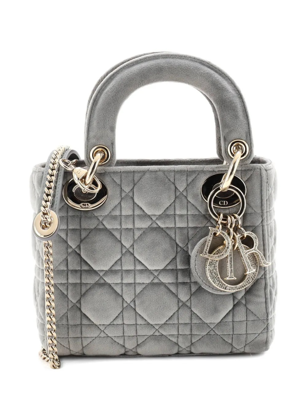Christian Dior Pre-Owned Lady Dior Chain Bag Cannage Quilt Velvet with Crystal Charms Mini shoulder bag - Grey | Farfetch Global