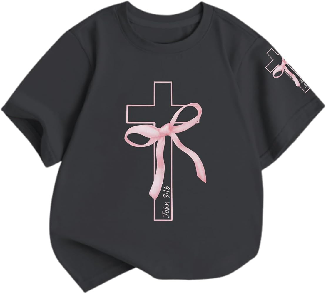 Amazon.com: Lubpow Girls Cute Christian Shirts Kids Pink Bow Shirt Jesus God Faith Tshirts Aesthetic Cross Bible Verse Graphic Tee Tops(Deep Gray,150): Clothing, Shoes & Jewelry cross Tee | Amazon (US)