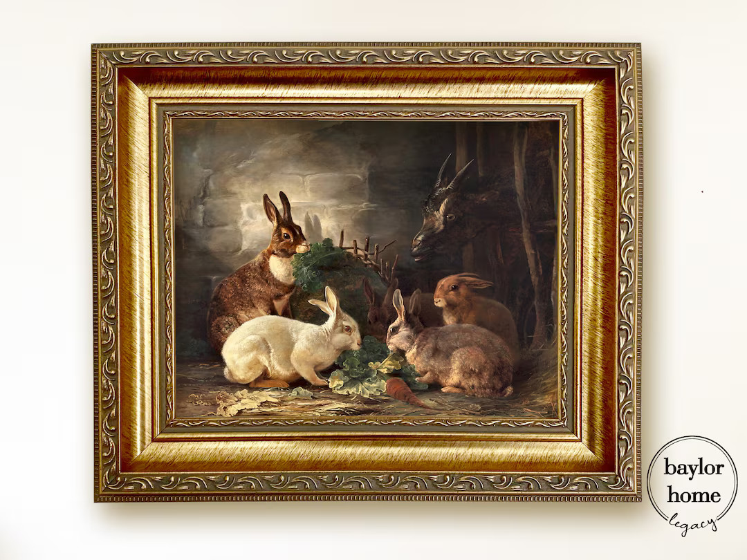 Framed Rabbits Oil Painting on Canvas Oil Painting Print on Canvas Vintage Bunny Print Wall Decor | Etsy (US)