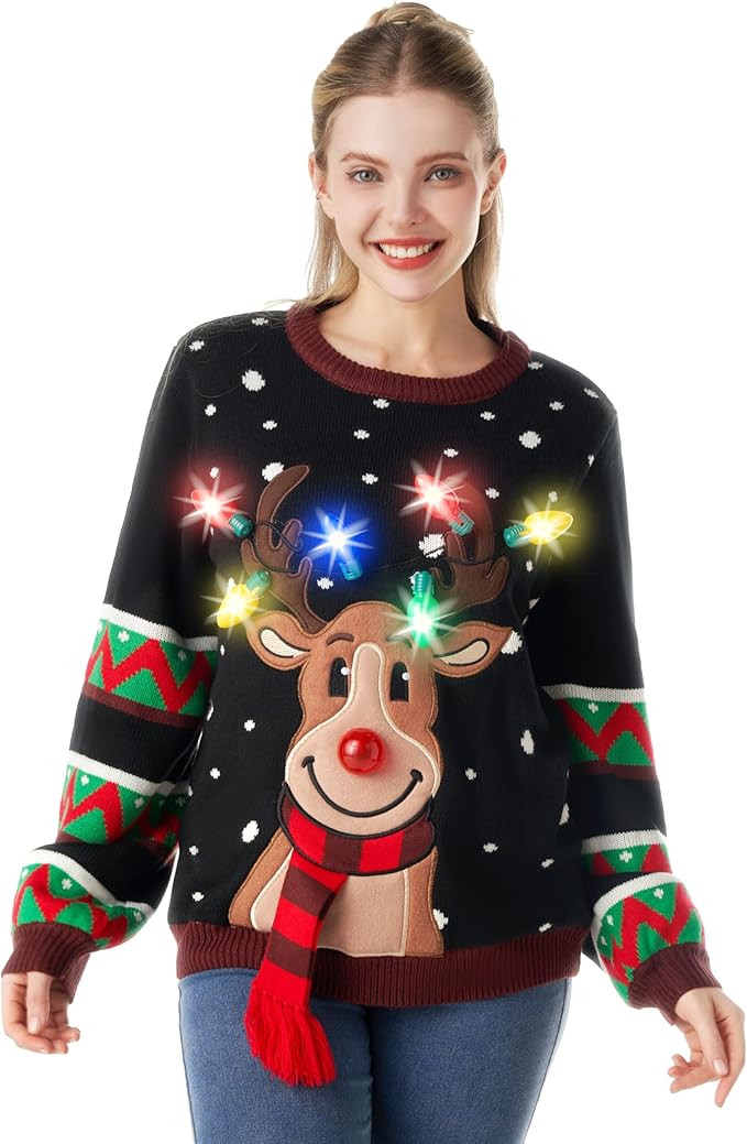 JOYIN Womens LED Light Up Christmas Sweater, Reindeer Christmas Ugly Sweater with Light Bulbs | Amazon (US)