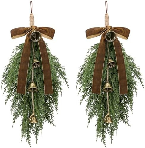 Shihanee 2 Pack Christmas Cedar Teardrop Swag Velvet Bow Bells, Khaki | Amazon (US)