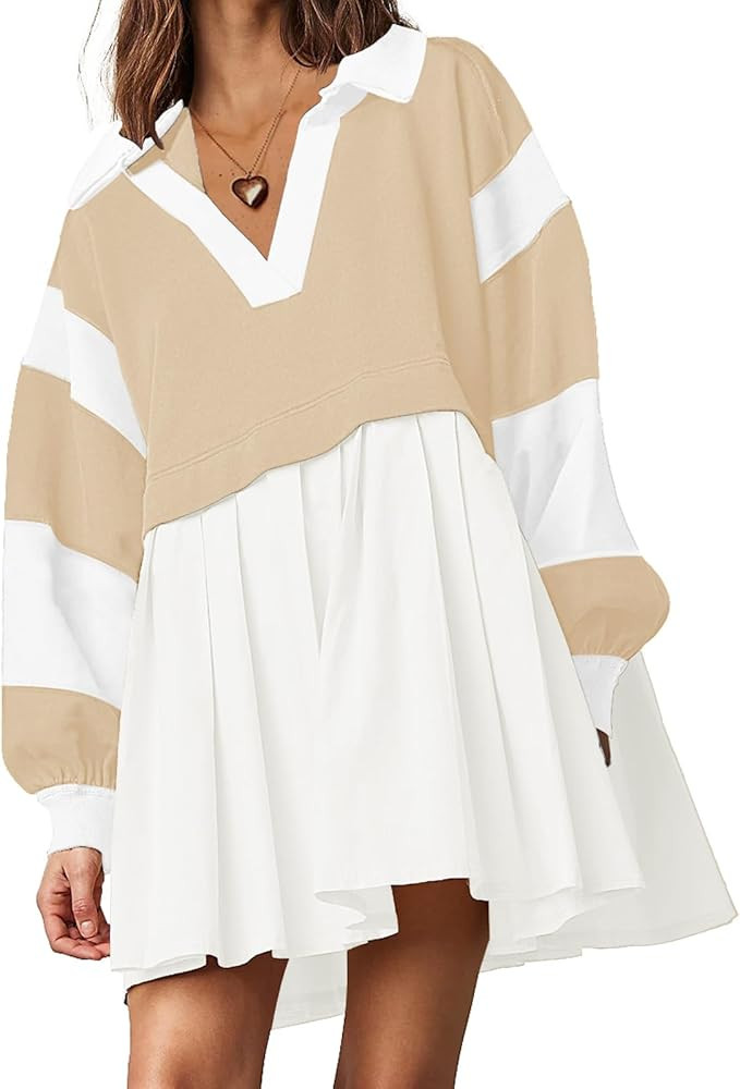 SAUKOLE Women’s Oversized Casual Sweatshirt Patchwork Dress Fall Long Sleeve Trendy Lapel Neck ... | Amazon (US)