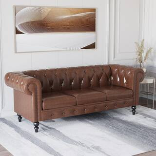 J&E Home 83.46 in. Width Brown Roll Arm Faux Leather Chesterfield Straight Deep Button Tufted 3-S... | The Home Depot
