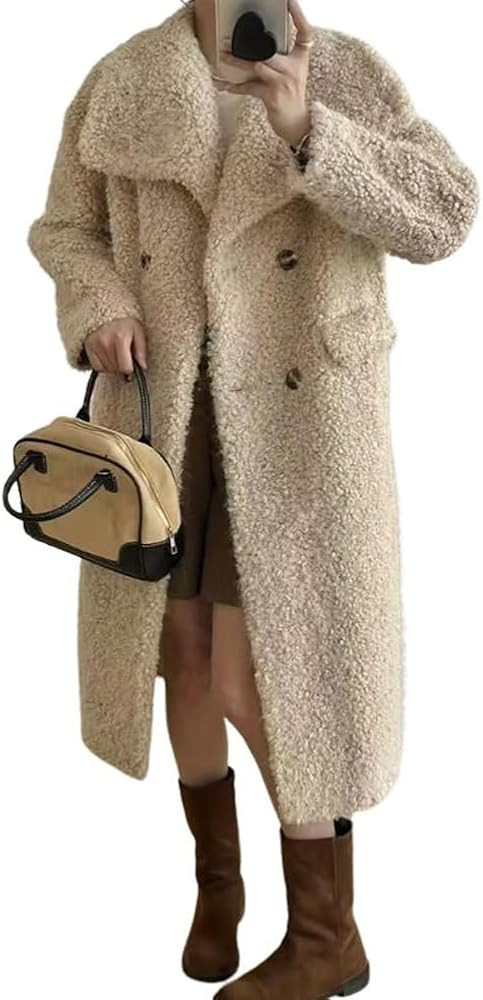 chouyatou Women's Fuzzy Fleece Sherpa Jacket Double Breasted Winter Warm Midi Long Faux Fur Coat | Amazon (US)