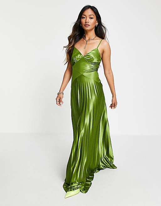 ASOS DESIGN cami satin seamed pleated maxi dress in olive green | ASOS (Global)
