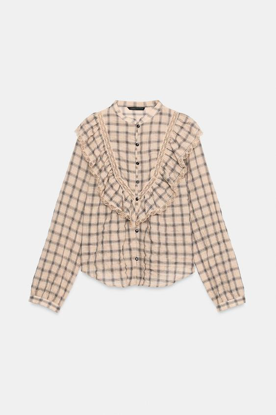 Zara - Checked Blouse With Lace Trim - Multicolored - S - Woman | Zara US