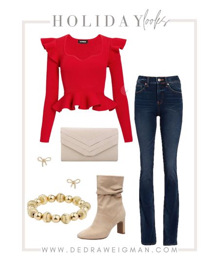 Holiday outfit look inspiration! This ruffle peplum top is such a statement ✨ 

#holidayoutfit #christmasoutfit #peplumtop #boots #datenightoutfit 

#LTKstyletip #LTKSeasonal #LTKHoliday