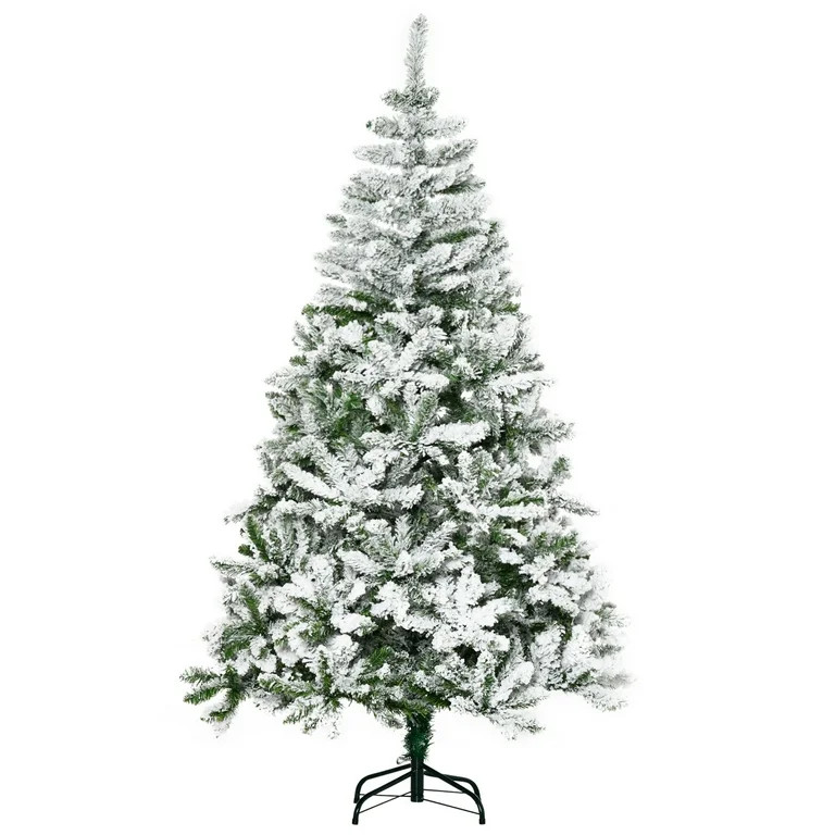 HOMCOM 6' Tall Unlit Snow Flocked Pine Artificial Christmas Tree with Realistic Branches, Green -... | Walmart (US)