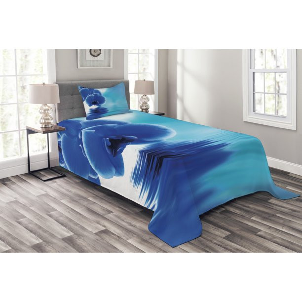 Flower Bedspread Set Twin Size, Orchid Floral Design with Reflection to a River Water Image Photo... | Walmart (US)