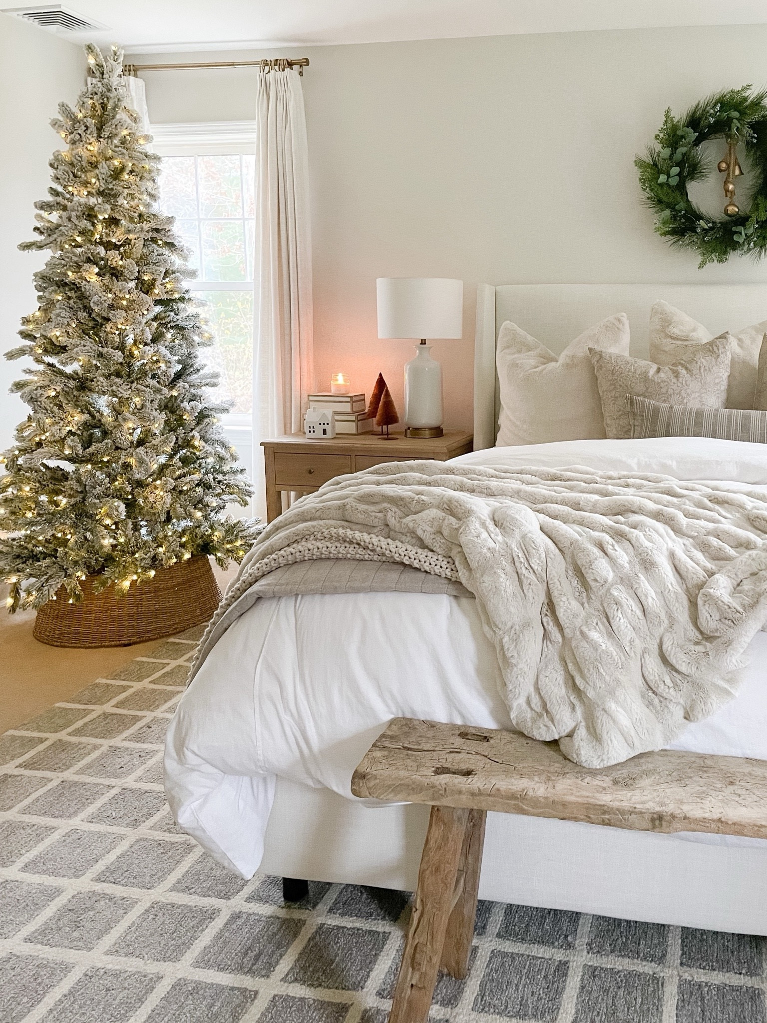 Upholstered bed, flocked Christmas tree, throw blanket, duvet, bedding, throw pillows, drapes, Amazon curtains, Loloi rug 

#LTKHoliday #LTKHome #LTKStyleTip